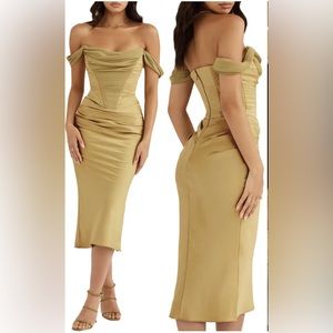 HOUSEOFCB Natalya Corset Off the Shoulder Satin Midi Dress
